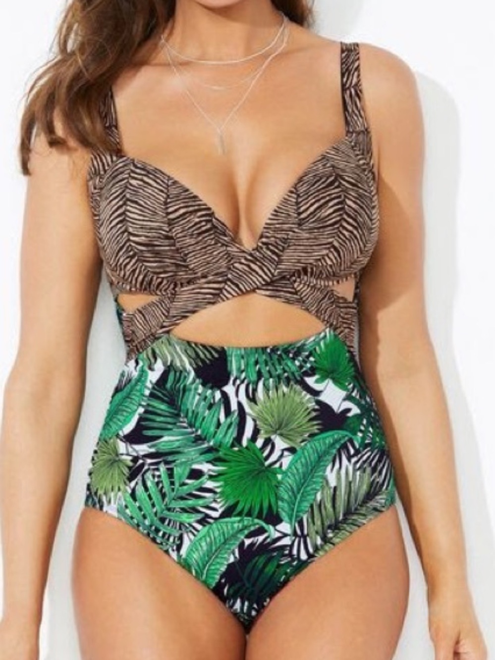 Swimsuits For All Cut Out Underwire One Piece Swimsuit in Jungle Leaves Print 18